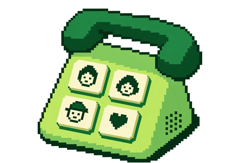 Ilustração em pixel de uma ideia de Telefoninho físico: fone, quatro botões de contato e alto-falante, sem tela.